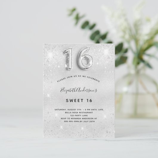 Invitation Carte Postale Sweet 16 parties scintillant métallique argent gla (Debout devant)