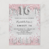 Invitation Carte Postale Sweet 16 parties scintillant rose argent gouttes i (Devant)