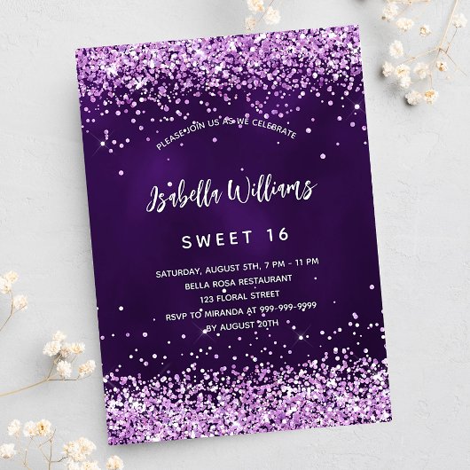 Invitation Carte Postale Sweet 16 parties scintillant rose violet glamour