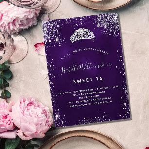 Invitation Carte Postale Sweet 16 parties scintillant violet argent couronn