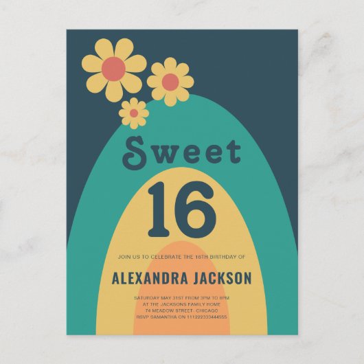 Invitation Carte Postale Sweet 16 Retro Daisy Arch fête d'anniversaire (Devant)