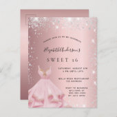 Invitation Carte Postale Sweet 16 robe blanche rose argent (Devant / Derrière)