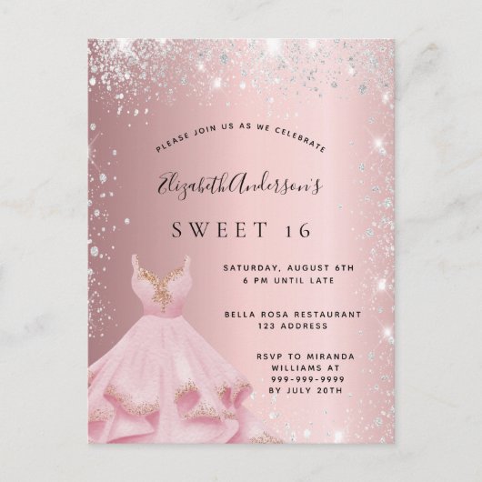 Invitation Carte Postale Sweet 16 robe blanche rose argent (Devant)