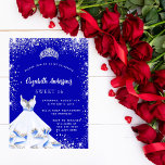 Invitation Carte Postale Sweet 16 robe royale bleu argent tiara glamour<br><div class="desc">Une invitation tendance et glamour pour une Soirée 16, 16e anniversaire Sweet. Un arrière - plan bleu royal avec de la poussière de parties scintillant en faux argent, une tiare et une robe. Le nom est écrit avec un script de style moderne écrit à la main. Personnalisez et ajoutez les...</div>