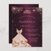 Invitation Carte Postale Sweet 16 rose bordeaux or parties scintillant robe (Devant / Derrière)