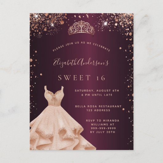 Invitation Carte Postale Sweet 16 rose bordeaux or parties scintillant robe (Devant)