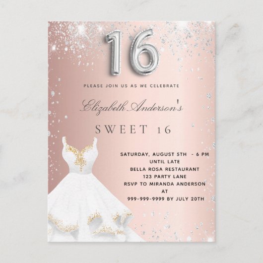 Invitation Carte Postale Sweet 16 rose or argent robe parties scintillant r (Devant)