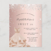 Invitation Carte Postale Sweet 16 rose or parties scintillant argent robe (Devant)