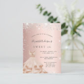 Invitation Carte Postale Sweet 16 rose or parties scintillant argent robe (Debout devant)