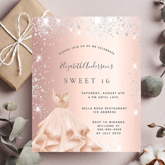 Invitation Carte Postale Sweet 16 rose or parties scintillant argent robe