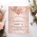 Invitation Carte Postale Sweet 16 rose parties scintillant d'or largue les<br><div class="desc">Pour un élégant Sweet 16, 16e anniversaire. Un arrière - plan rose à l'apparence métallique. Décoré d'or rose, de gouttes de parties scintillant rose, de la peinture goutte à goutte et des ballons. Personnalisez et ajoutez un nom, un âge et des détails de la fête. Le nom est écrit avec...</div>