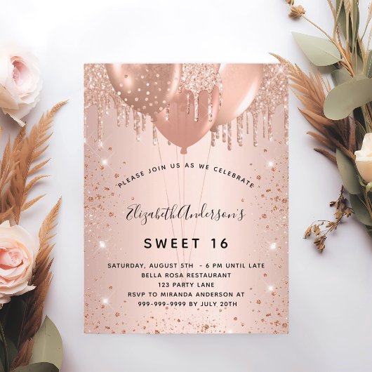 Invitation Carte Postale Sweet 16 rose parties scintillant d'or largue les 