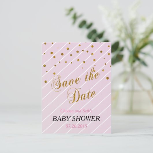 Invitation Carte Postale Sweet Baby Confetti rose et or (Debout devant)
