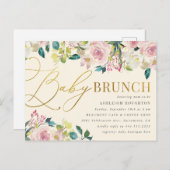 Invitation Carte Postale Sweet Floral Gold Script Bébé Brunch (Devant / Derrière)