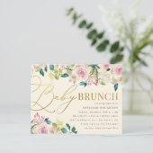 Invitation Carte Postale Sweet Floral Gold Script Bébé Brunch (Debout devant)