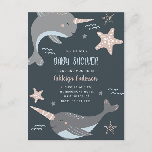 Invitation Carte Postale Sweet Narwhal Nautical Baby shower à thème (Devant)