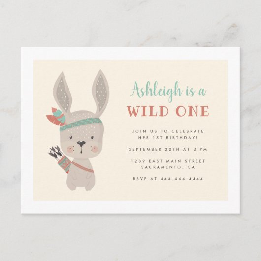Invitation Carte Postale Sweet Tribal Bunny Wild Un 1er anniversaire (Devant)