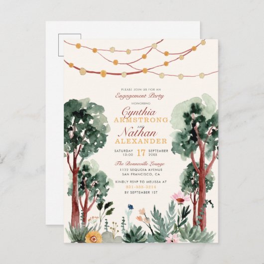 Invitation Carte Postale Sympa Green Botanical Trees Parti d'engagement uni (Devant / Derrière)