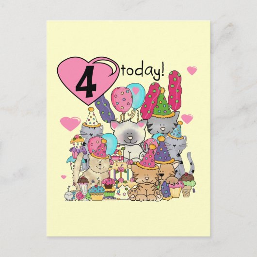 Invitation Carte Postale T-shirts et cadeaux fête Kittens 4e anniversaire (Devant)