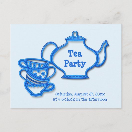 Invitation Carte Postale Tea Party avec bouilloire et tasses (Devant)