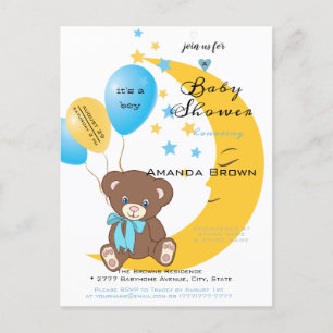 Invitation Carte Postale Teddy Bear assis sur la Lune   Baby Boy Shower