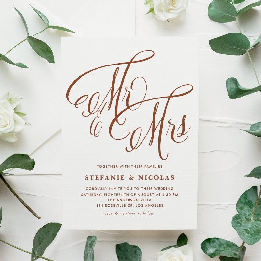 Invitation Carte Postale Terracotta M. et Mme Rustic Calligraphy Mariage