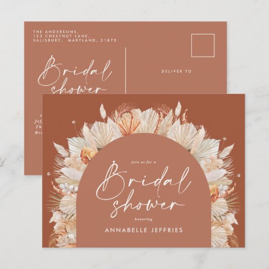Invitation Carte Postale Terracotta pampas herbe moderne nuptiale douche ch (Devant / Derrière)