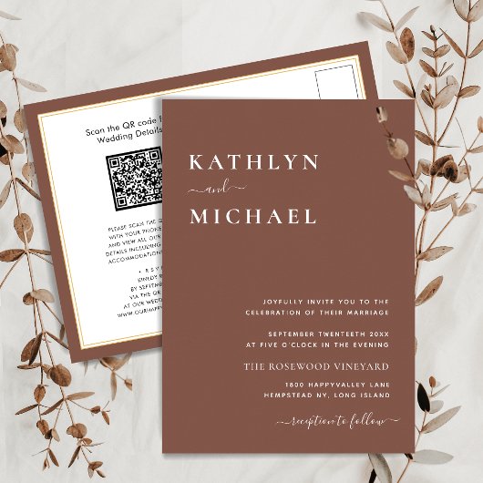 Invitation Carte Postale Terracotta QR Code Tout en un Mariage moderne chic
