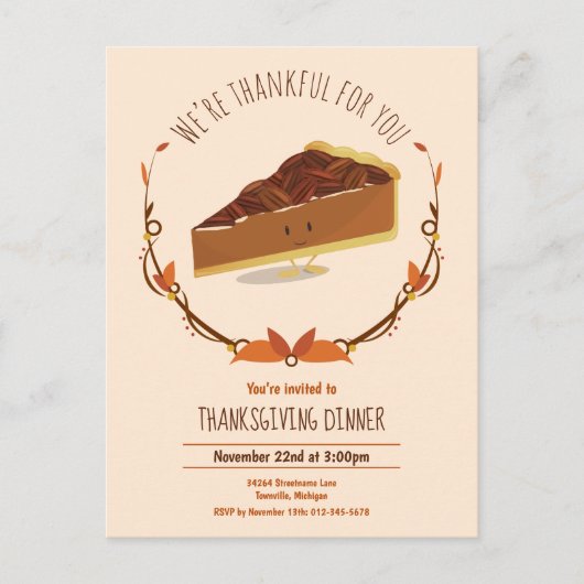 Invitation Carte Postale Thanksgiving Holiday Smiling Pecan Pie Tan Brown (Devant)