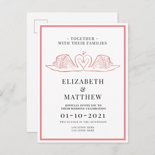 Invitation Carte Postale Thème or rose avec Mariage Swans (Devant / Derrière)