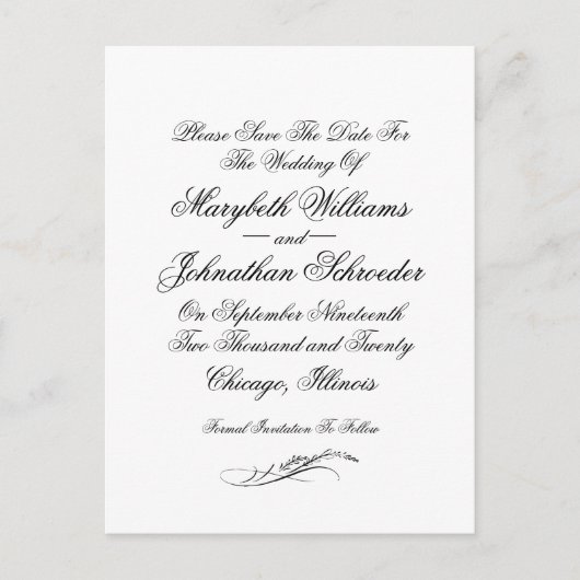 Invitation Carte Postale Toile & Calligraphie Mariage Enregistrer La Date C (Devant)