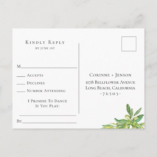 Invitation Carte Postale Toscane Frame Mariage RSVP Song Request (Dos)