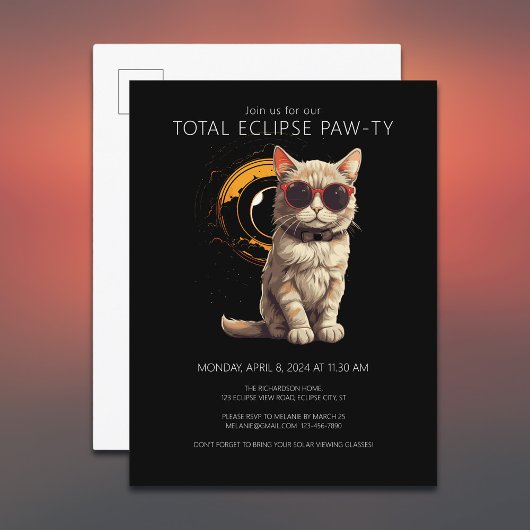 Invitation Carte Postale Total Solaire Eclipse 2024 Fun Cat Viewing Party