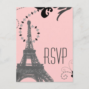 Invitation Carte Postale tour eiffel rose vintage mariage paris rsvp