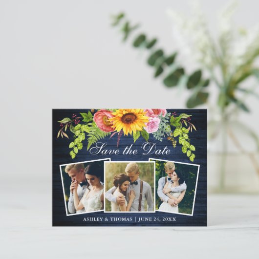 Invitation Carte Postale Tournesol en bois bleu rustique Enregistrer la dat (Debout devant)