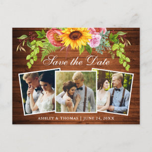 Invitation Carte Postale Tournesol en bois rustique Sauvez la date Photo