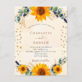 Invitation Carte Postale Tournesol eucalyptus verdure coeur or mariage (Devant)