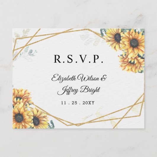 Invitation Carte Postale Tournesol Rustique Géométrique Mariage Or RSVP (Devant)