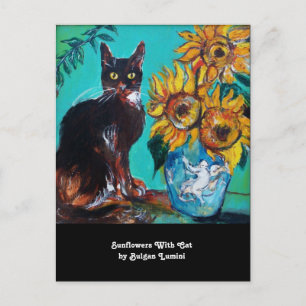 Invitation Carte Postale TOURNESOLS ET CAT NOIR EN partie TURQUOISE BLEUE