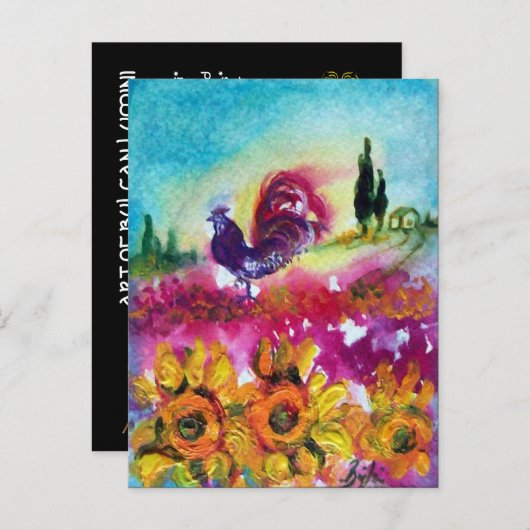 Invitation Carte Postale TOURNESOLS ET COQ NOIR Champs de fleurs (Devant / Derrière)