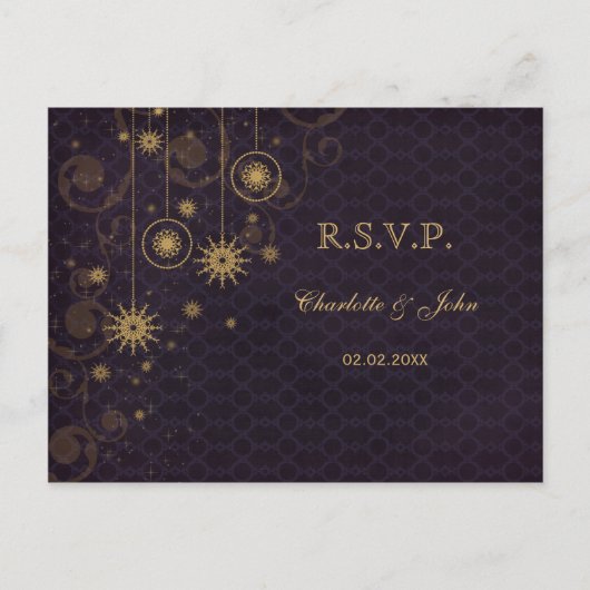 Invitation Carte Postale Tourteaux de neige rustiques en or violet Mariage  (Devant)