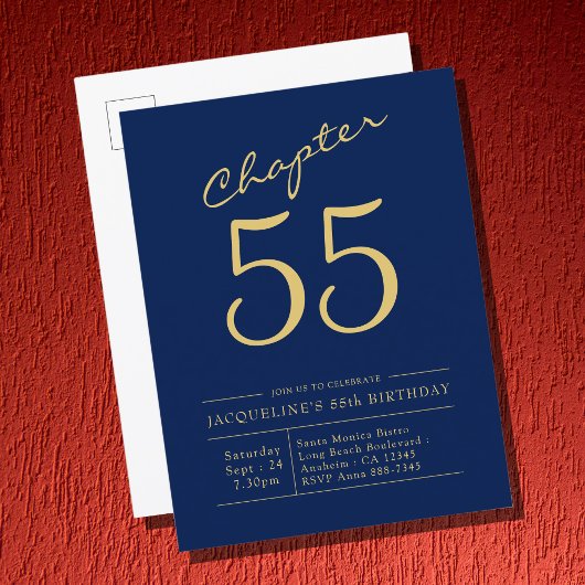 Invitation Carte Postale Toute année Blue Gold Script Anniversaire