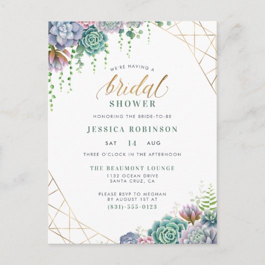 Invitation Carte Postale Trame Or Succulente & Fête des mariées Script chic (Devant)