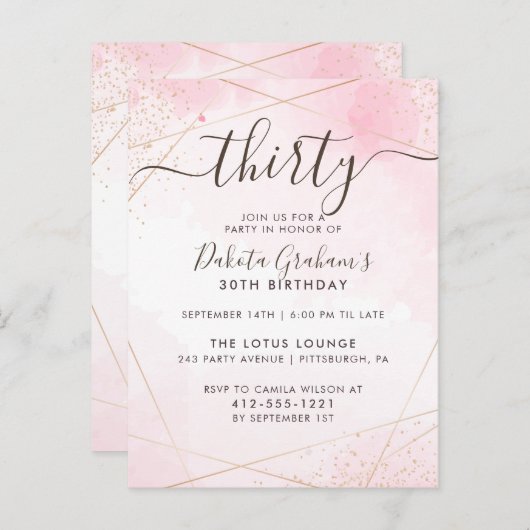 Invitation Carte Postale Trente Script Aquarelle rose fête d'anniversaire (Devant / Derrière)