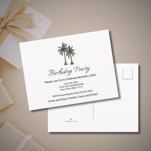 Invitation Carte Postale Tropical Palm Trees Beach 30th Birthday Party