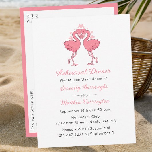Invitation Carte Postale Tropical Pink Flamingo Beach Rehearsal Dinner