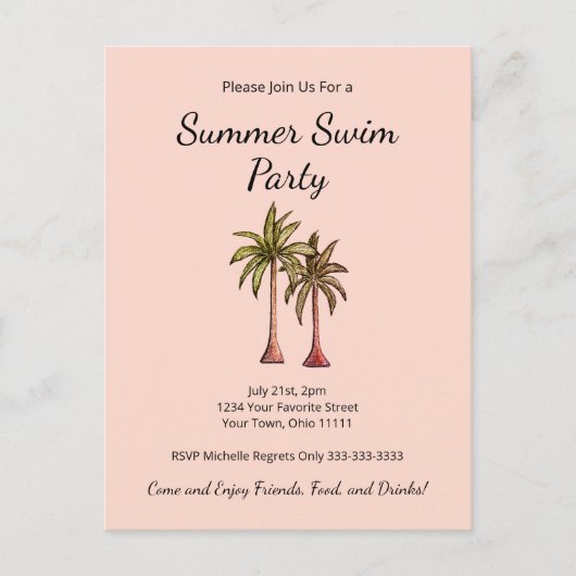 Invitation Carte Postale Tropical Summer Pool Party Palm Trees Blush rose (Devant)