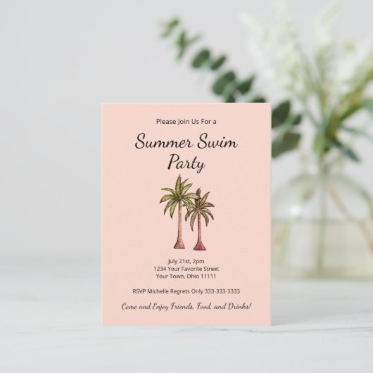 Invitation Carte Postale Tropical Summer Pool Party Palm Trees Blush rose (Debout devant)