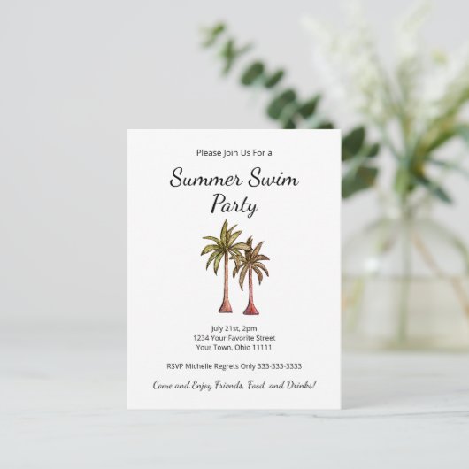 Invitation Carte Postale Tropical Summer Swim Pool Party Palm Trees (Debout devant)