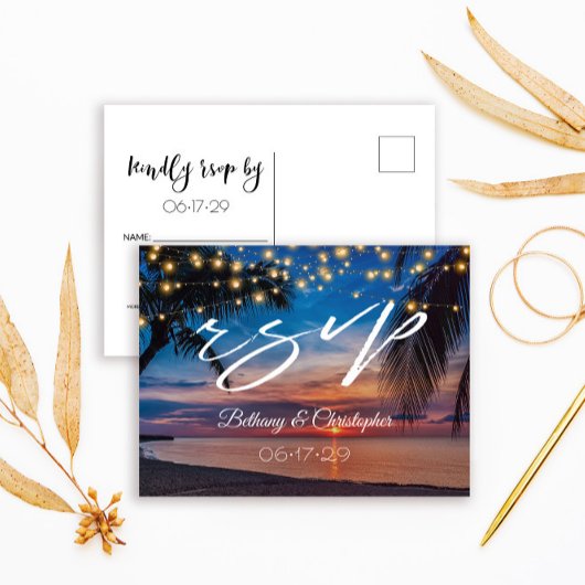 Invitation Carte Postale Tropical Sunset Beach String Lights Wedding RSVP